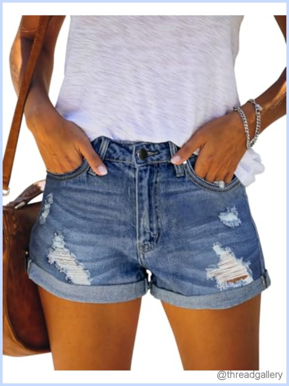 Women's Mid Rise Ripped Denim Shorts Stretchy Folded Hem Hot Short Jeans